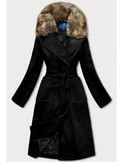 Černý dámský kabát s kožíškem model 15822773 - Ann Gissy Černý dámský kabát s kožíškem model 15822773 - Ann Gissy