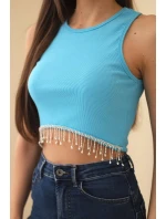 Dámský krátký žebrovaný top z bavlny s ozdobnými třásněmi tyrkysová