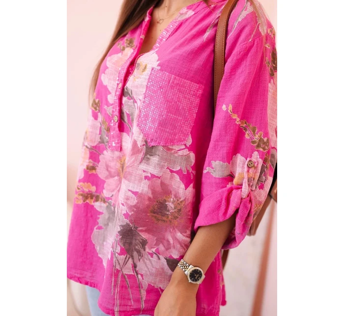blůza z bavlny s květinovým vzorem a knoflíky růžová