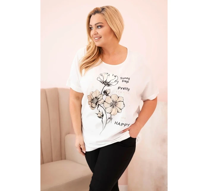 Dámská blůza Plus Size z viskózy s květinovým potiskem a nápisem ecru