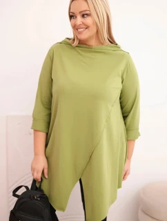 Dámská bavlněná blůza Plus Size asymetrická s ohrnutým rukávem olivová