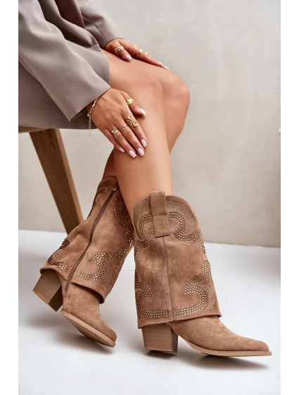 Zdobené Kotníkové Boty Koval na Polovině Lýtka na Podpatku S.Barski HY42-153 Kamel