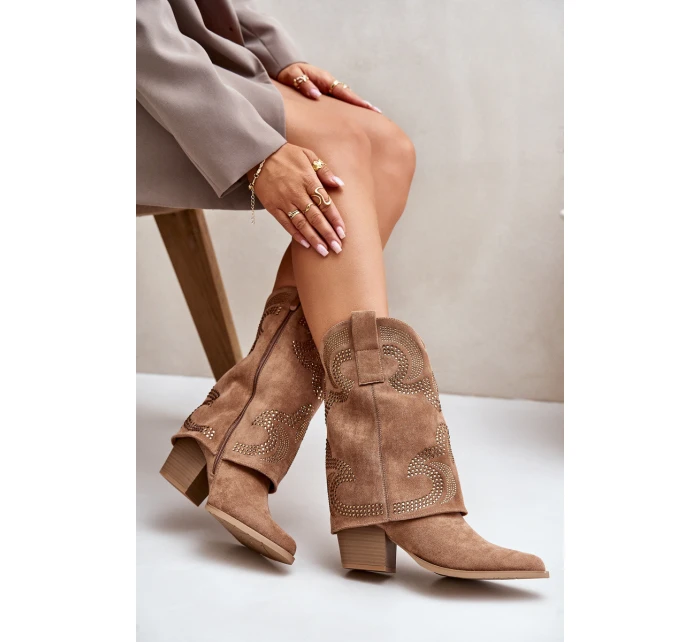 Zdobené Kotníkové Boty Koval na Polovině Lýtka na Podpatku S.Barski HY42-153 Kamel