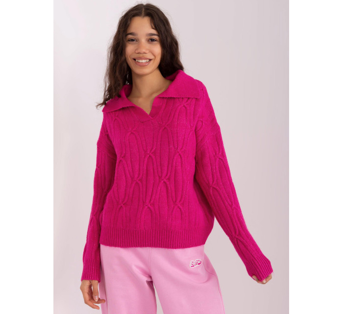 Fuchsiový svetr s kabely a límečkem