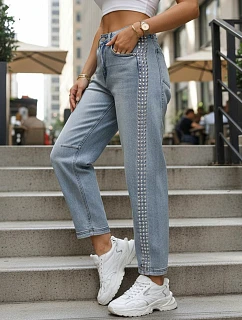 Dámské džíny balonového střihu s ozdobnými nýty modré UY2983