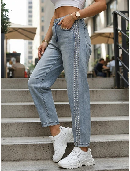 Dámské džíny balonového střihu s ozdobnými nýty modré UY2983