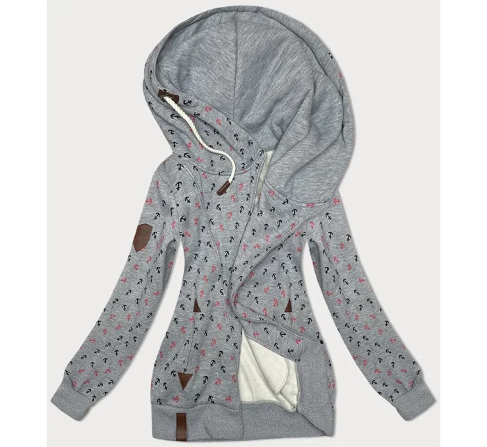 Šedá hrubší mikina se šikmým zipem a se vzorem kotev (2308)