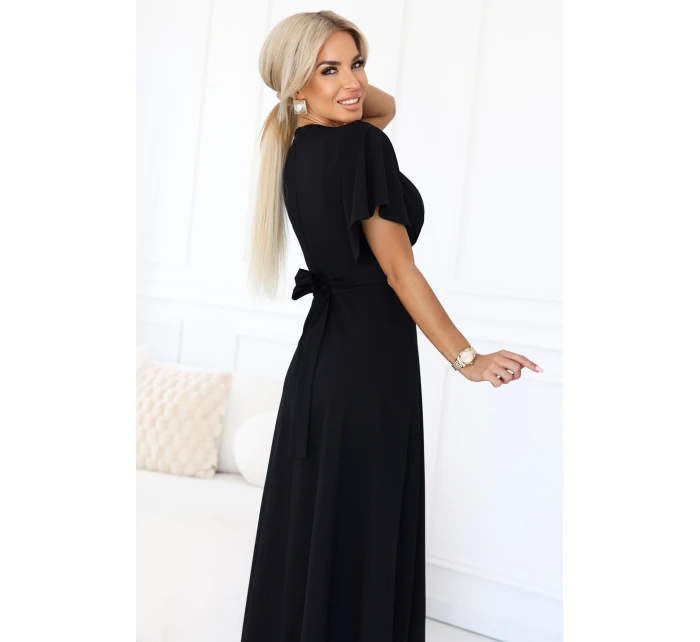 dlouhé šaty s rozparkem na rukávy a výstřihem černé model 21290293 - numoco