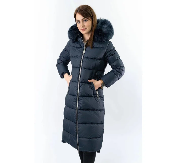 Tmavě modrá dlouhá dámská zimní bunda s kapucí model 21242133 - Libland