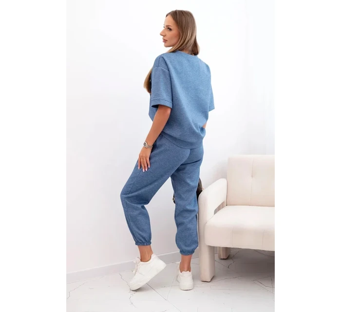 Dámský viskózový komplet s krátkým rukávem a nohavicemi džínový melír