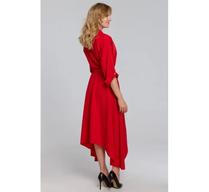 K086 Šaty v délce midi s ozdobnými knoflíky - červené