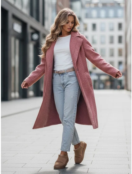 Dámský dlouhý kabát z ovčí kůže růžový FashionStreet NY0755z