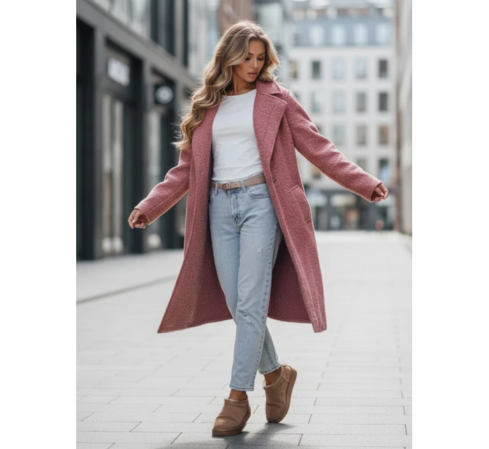 Dámský dlouhý kabát z ovčí kůže růžový FashionStreet NY0755z