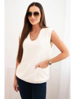 Dámský viskózový svetr bez rukávů s kapsami a V výstřihem ecru