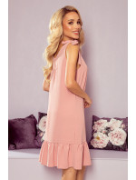 ROSITA - Dámské šaty v pudrově růžové barvě s mašličkami na ramenou a s volánkem 306-3