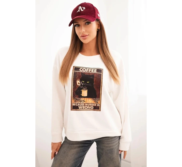 Dámská bavlněná mikina s potiskem kočky a nápisem ecru