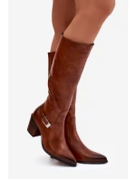 Kožené Kozačky Na Podpatku S Přezkou Zateplené model 21772427 Hnědé - Zazoo Kožené Kozačky Na Podpatku S Přezkou Zateplené model 21772427 Hnědé - Zazoo