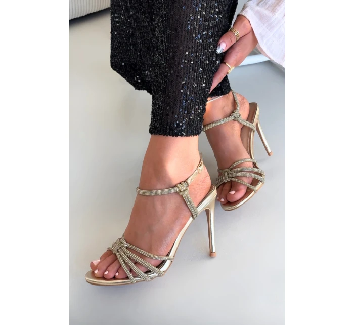 Dámské sandály na podpatku s pásky a cyrkoniemi Tanelle – zlaté