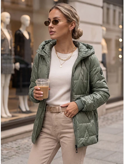 Dámská prošívaná přechodová bunda s kapucí, zelená, FashionStreet TY5802 Dámská prošívaná přechodová bunda s kapucí, zelená, FashionStreet TY5802