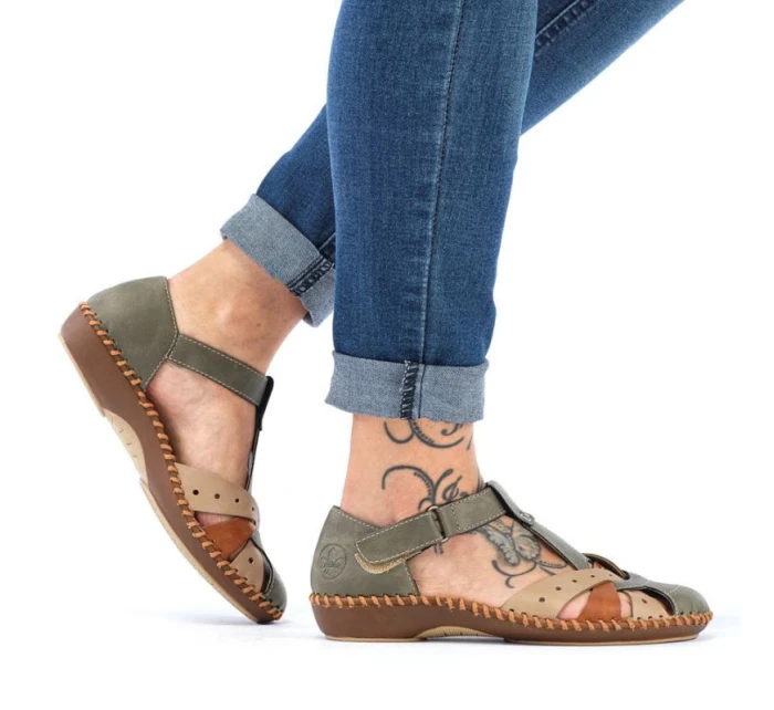 Sandały damskie komfortowe na rzepy zabudowane palce zielone Rieker M1655-54