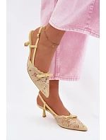 Dámské krajkové sandály na podpatku s mašlí Žluté model 22107289 - Boto