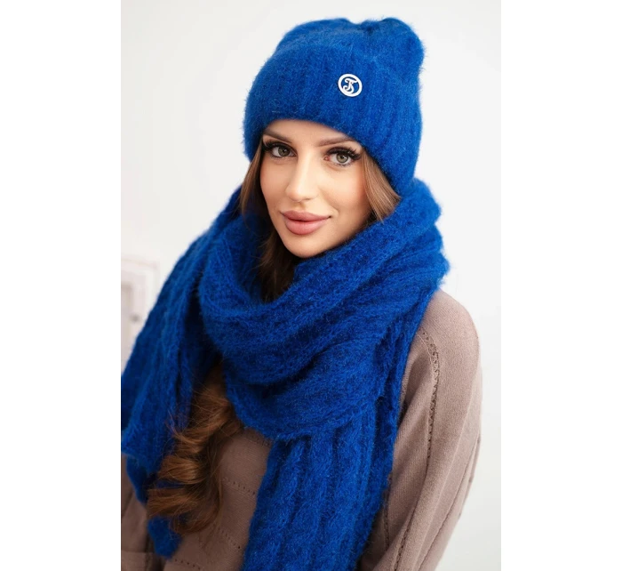 Dámský komplet čepice a šály s proužky s ozdobou modrý