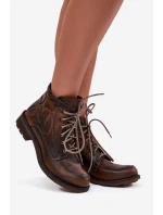 Dámské kotníkové boty z pravé kůže na ploché podrážce model 21713963 hnědé - Maciejka