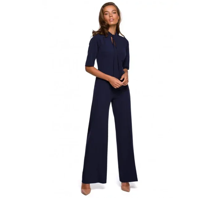 Dámský elegantní overal se zavazováním za krkem model 21184649 tmavě modrý - STYLOVE