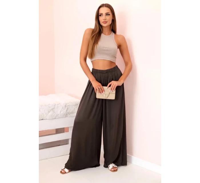 Široké dámské kalhoty s elastickým pasem hnědý