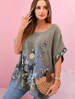 Dámská bavlněná košile s motýly a květinami khaki