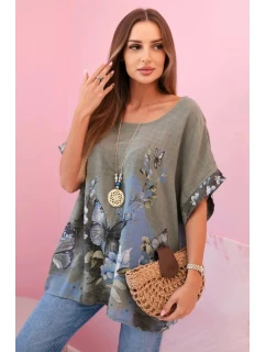 Dámská bavlněná košile s motýly a květinami khaki