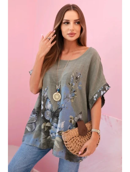 Dámská bavlněná košile s motýly a květinami khaki Dámská bavlněná košile s motýly a květinami khaki