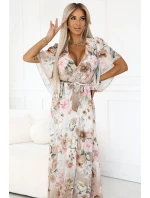 model 21178448 Vzdušné maxi šaty s obálkovým výstřihem a květinovým vzorem Béžové růže - numoco basic