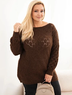 Dámský svetr Plus Size pletený model 22394959 s dlouhým rukávem hnědý - K-Fashion