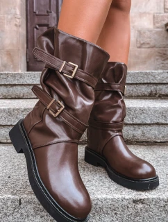 Vlněné dámské kozačky do poloviny lýtka s pásky a přezkami hnědé Halvessa