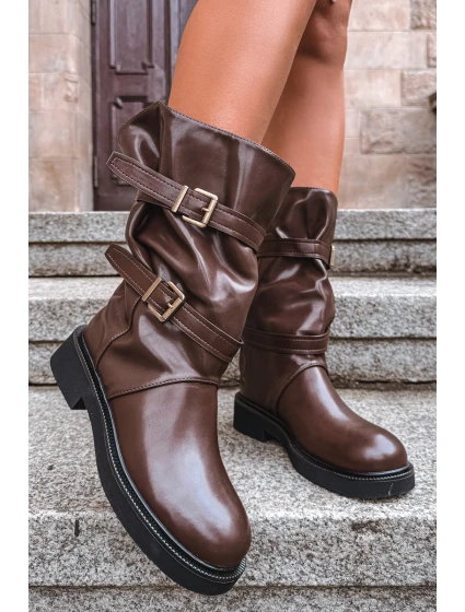 Vlněné dámské kozačky do poloviny lýtka s pásky a přezkami hnědé Halvessa