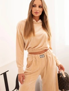 Dámská souprava z veluru se širokými nohavicemi a mikinou s kapucí béžová