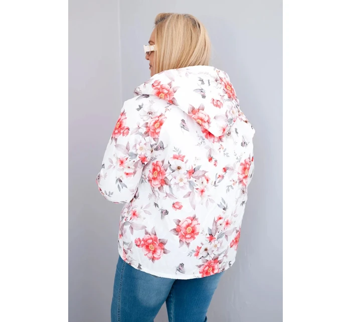 Dámská jarní prošívaná bunda Plus Size s kapucí a květinovým vzorem bílá
