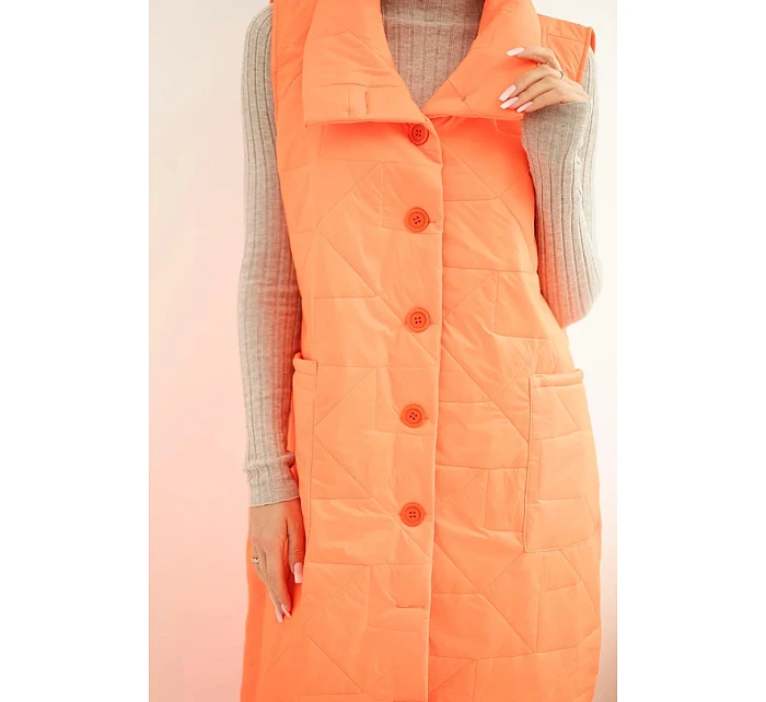 Dámská prošívaná dlouhá vesta s kapsami a stojáčkem neonová oranžová