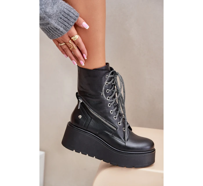 Kožené Botky Worker Na Platformě A Klínu model 21678220 Černé - Maciejka