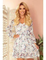 BAKARI - Vzdušné dámské šifonové šaty s dekoltem a se vzorem květů na světlém pozadí 295-2