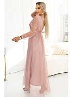 Dlouhé maxi šaty s rukávy a obálkovým výstřihem pudrově růžové model 22046066 - numoco basic