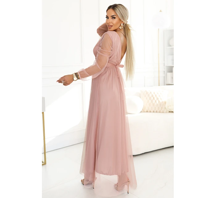 Dlouhé maxi šaty s rukávy a obálkovým výstřihem pudrově růžové model 22046066 - numoco basic
