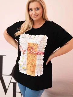 Dámská bavlněná halenka Plus Size s potiskem  černá + oranžová model 21175959 - K-Fashion