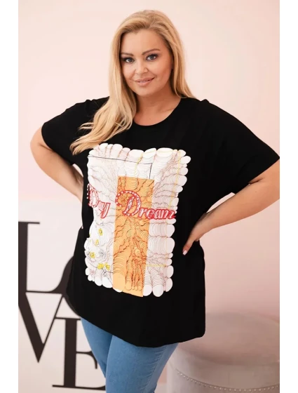 Dámská bavlněná halenka Plus Size s potiskem  černá + oranžová model 21175959 - K-Fashion
