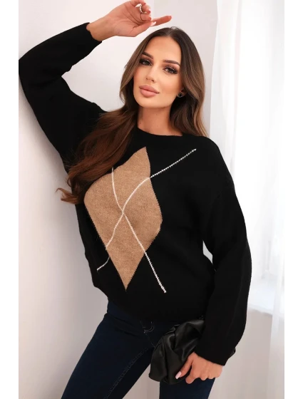 Dámský svetr s geometrickým vzorem s příměsí vlny a alpak černý Dámský svetr s geometrickým vzorem s příměsí vlny a alpak černý