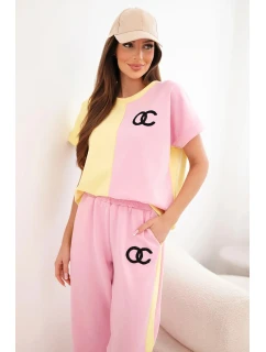 Dámská máslová souprava s oversize mikinou a širokými kalhotami světle růžová + žlutá