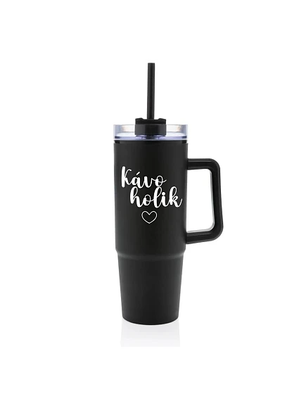 KÁVOHOLIK - černý cestovní termohrnek s průhledným víčkem 900 ml