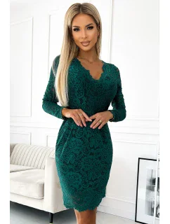 Zelené dámské krajkové šaty s výstřihem a dlouhými rukávy model 19377473 - numoco