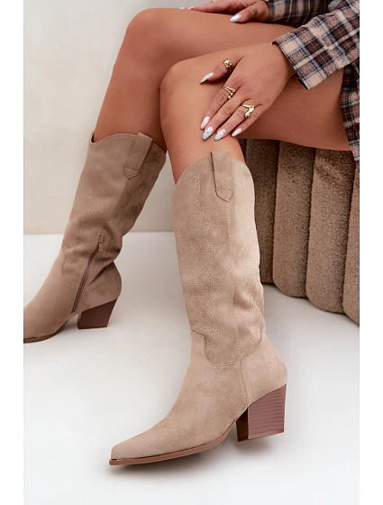 Kožené kovbojské kozačky na podpatku Khaki model 22320767 - Boto